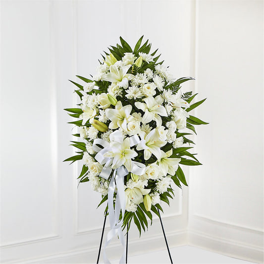 Exquisite Tribute Standing Spray-White Ribbon – Joyce Florist Of Dallas Inc, Dallas TX