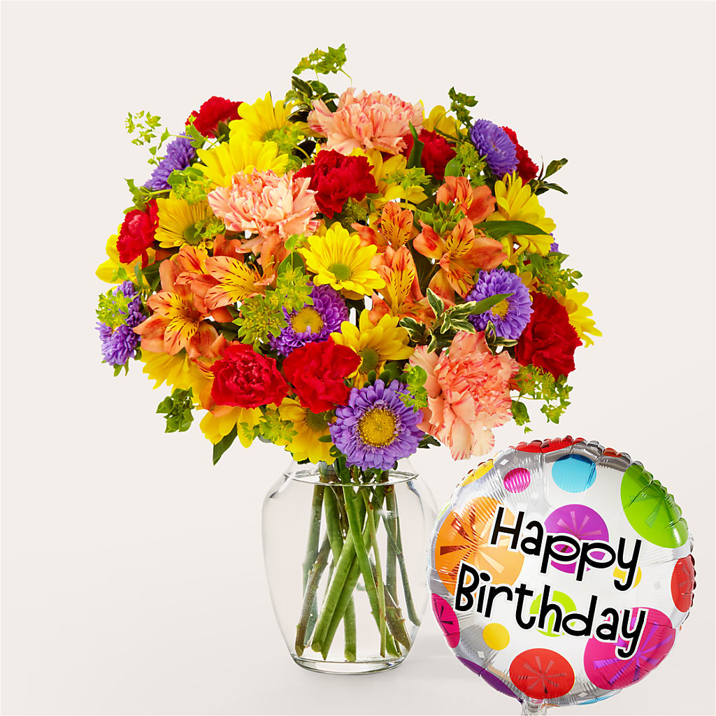 Kaleidoscope Bouquet with Birthday Balloon –  Joyce Florist Of Dallas Inc, Dallas TX