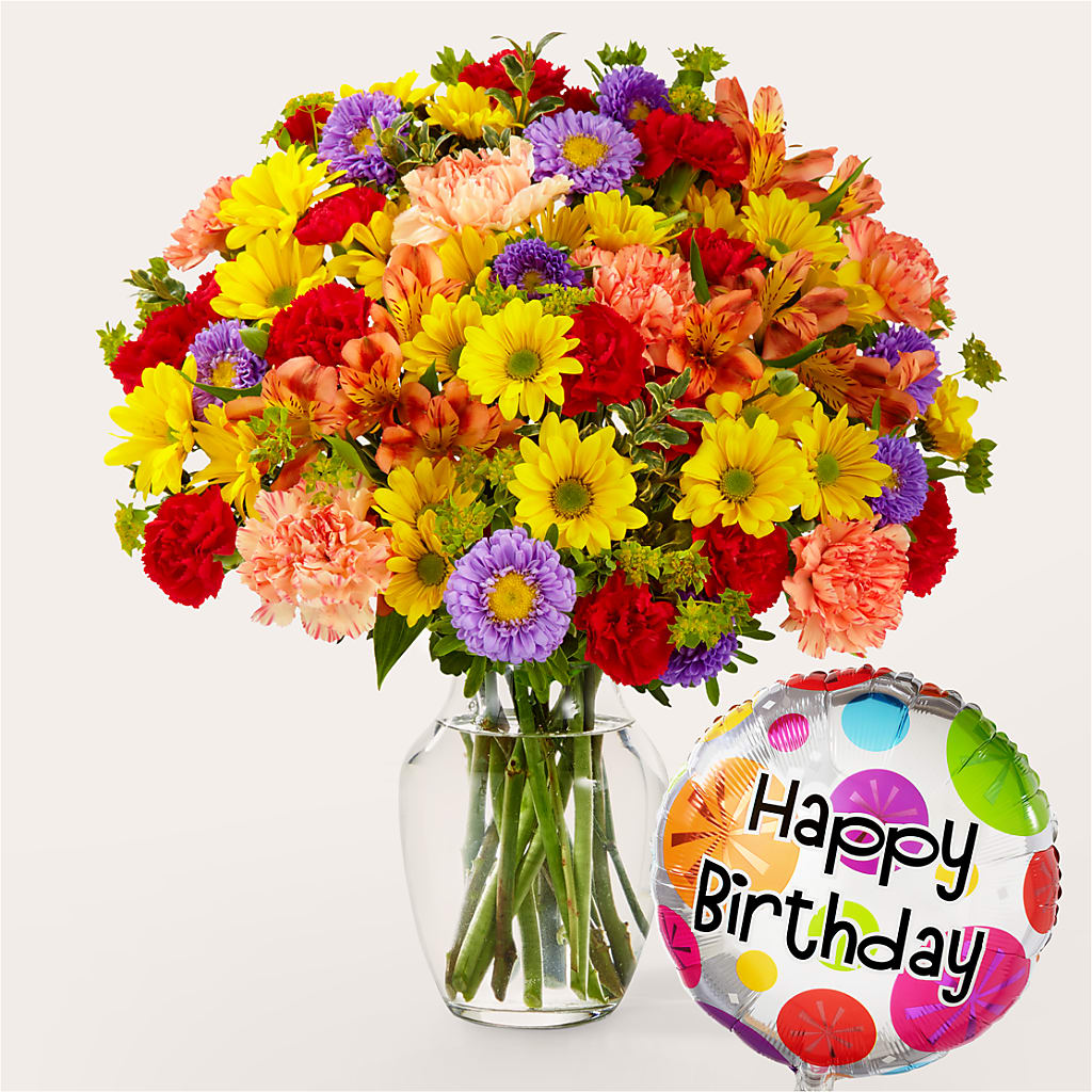 Kaleidoscope Bouquet with Birthday Balloon –  Joyce Florist Of Dallas Inc, Dallas TX