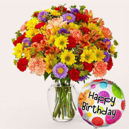 Kaleidoscope Bouquet with Birthday Balloon –  Joyce Florist Of Dallas Inc, Dallas TX