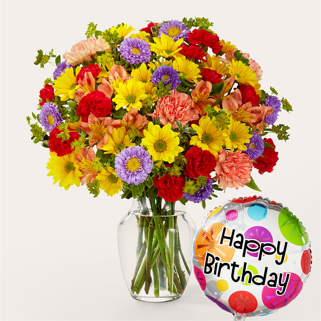 Kaleidoscope Bouquet with Birthday Balloon –  Joyce Florist Of Dallas Inc, Dallas TX