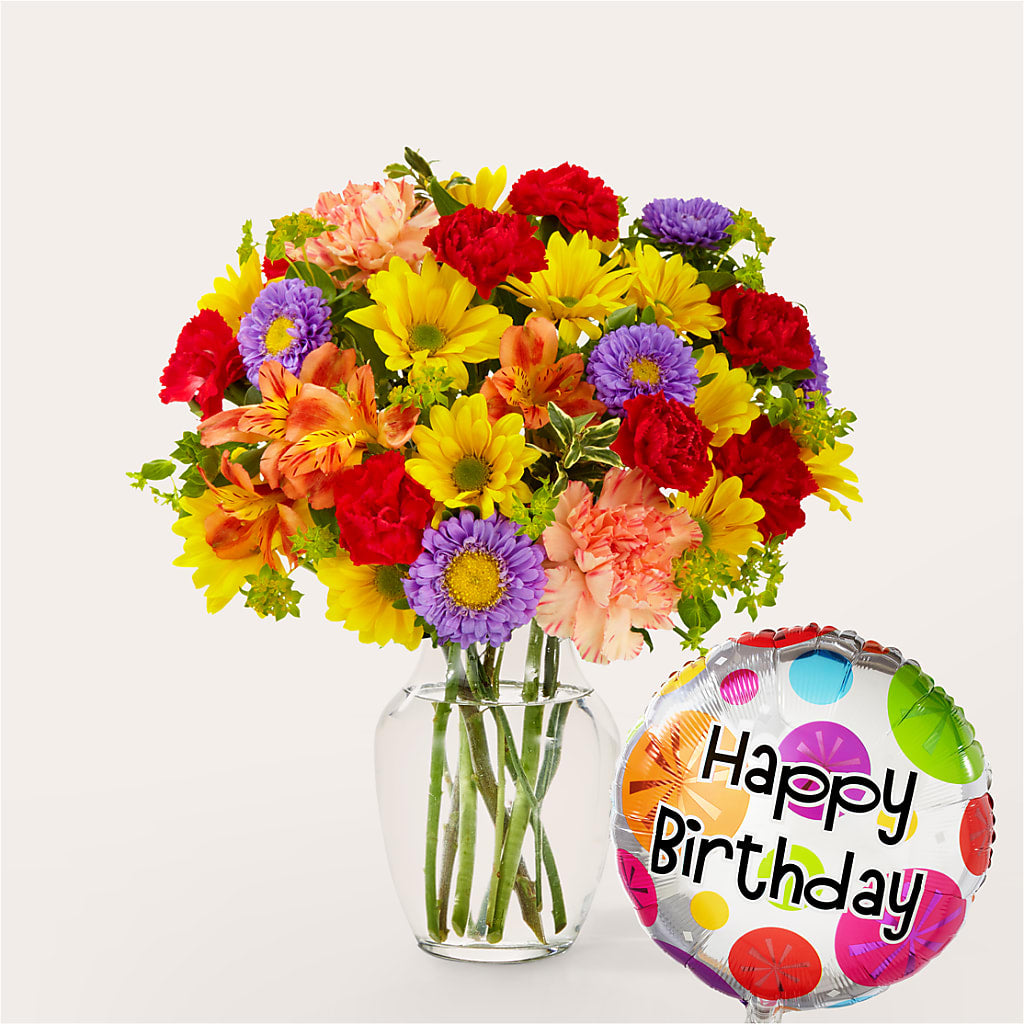 Kaleidoscope Bouquet with Birthday Balloon –  Joyce Florist Of Dallas Inc, Dallas TX