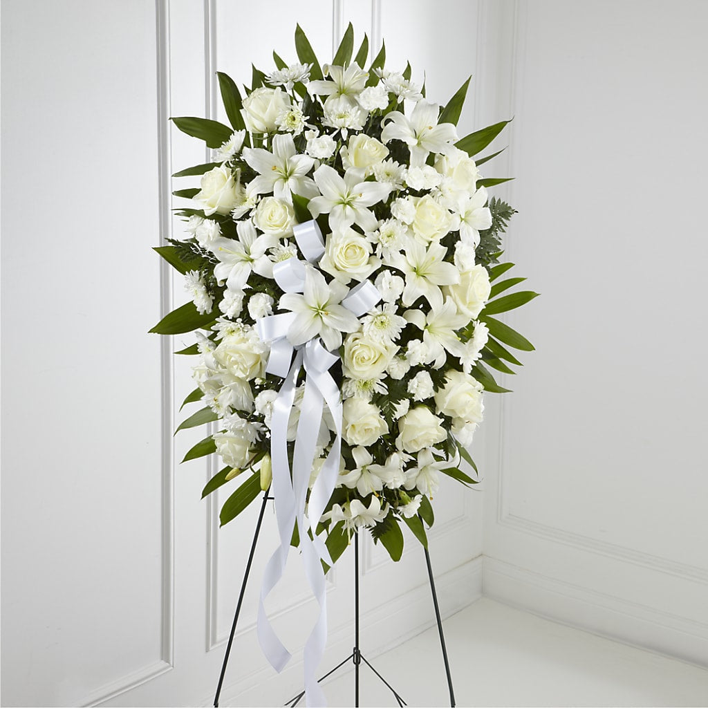 Exquisite Tribute Standing Spray-White Ribbon –  Joyce Florist Of Dallas Inc, Dallas TX