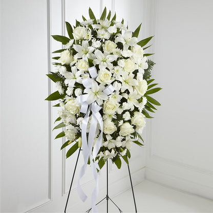 Exquisite Tribute Standing Spray-White Ribbon –  Joyce Florist Of Dallas Inc, Dallas TX