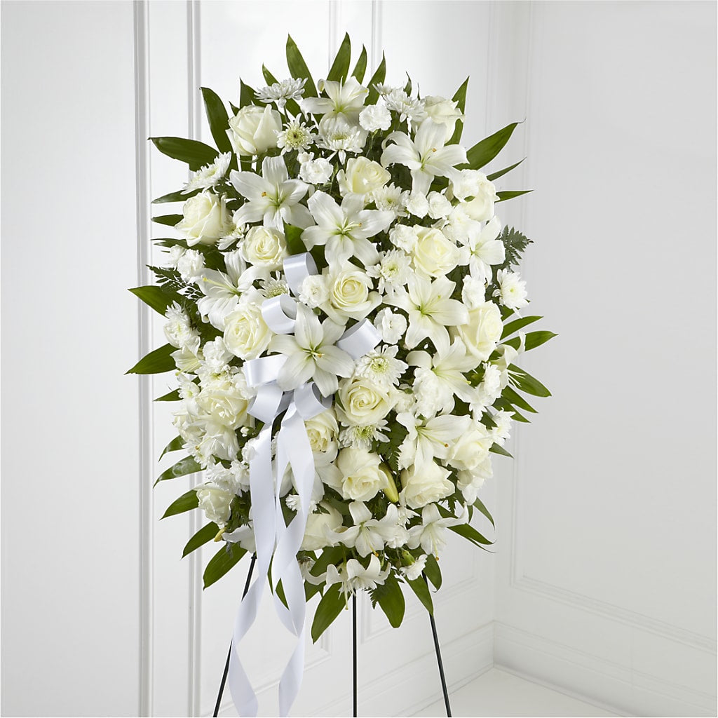 Exquisite Tribute Standing Spray-White Ribbon –  Joyce Florist Of Dallas Inc, Dallas TX