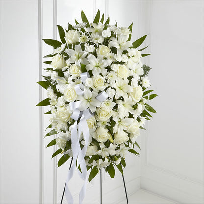 Exquisite Tribute Standing Spray-White Ribbon –  Joyce Florist Of Dallas Inc, Dallas TX