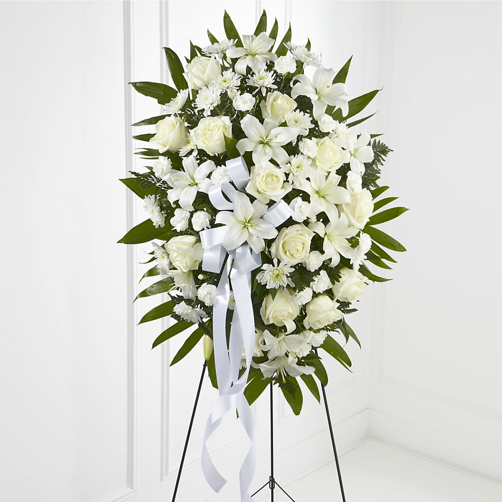 Exquisite Tribute Standing Spray-White Ribbon –  Joyce Florist Of Dallas Inc, Dallas TX