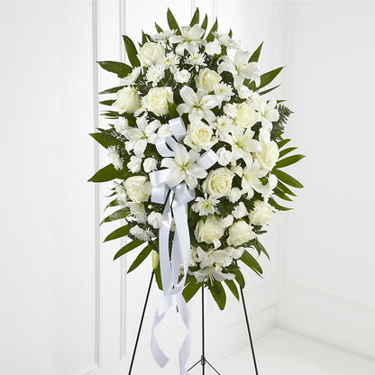 Exquisite Tribute Standing Spray-White Ribbon –  Joyce Florist Of Dallas Inc, Dallas TX