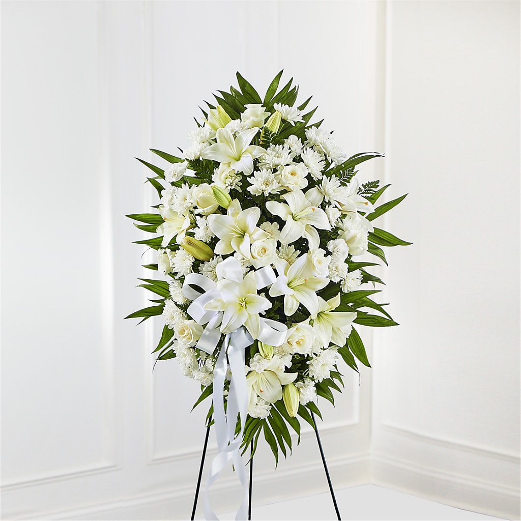 Exquisite Tribute Standing Spray-White Ribbon –  Joyce Florist Of Dallas Inc, Dallas TX